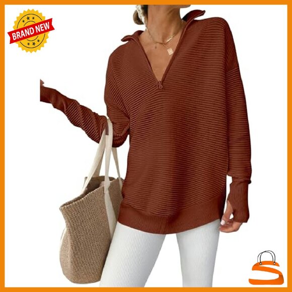 Long Sleeve Quarter Zip Pullover Sweater Ribbed Knit Loose Fit Thumb Hole - Picture 2 of 8